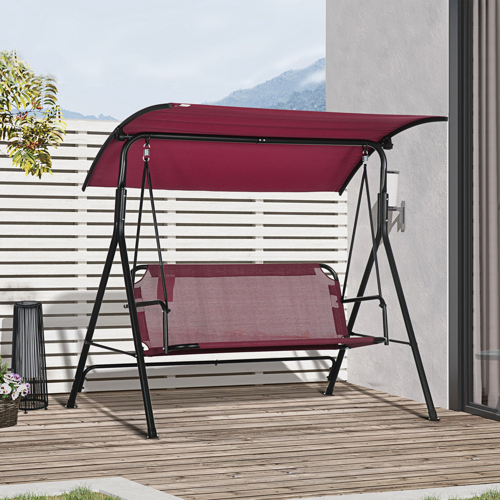 3-Person Porch Swing with Stand, Outdoor Swing for Patio Porch with Adjustable Tilt Canopy and Comfortable Swing Bench-Style Seat, Steel Frame, Wine Red
