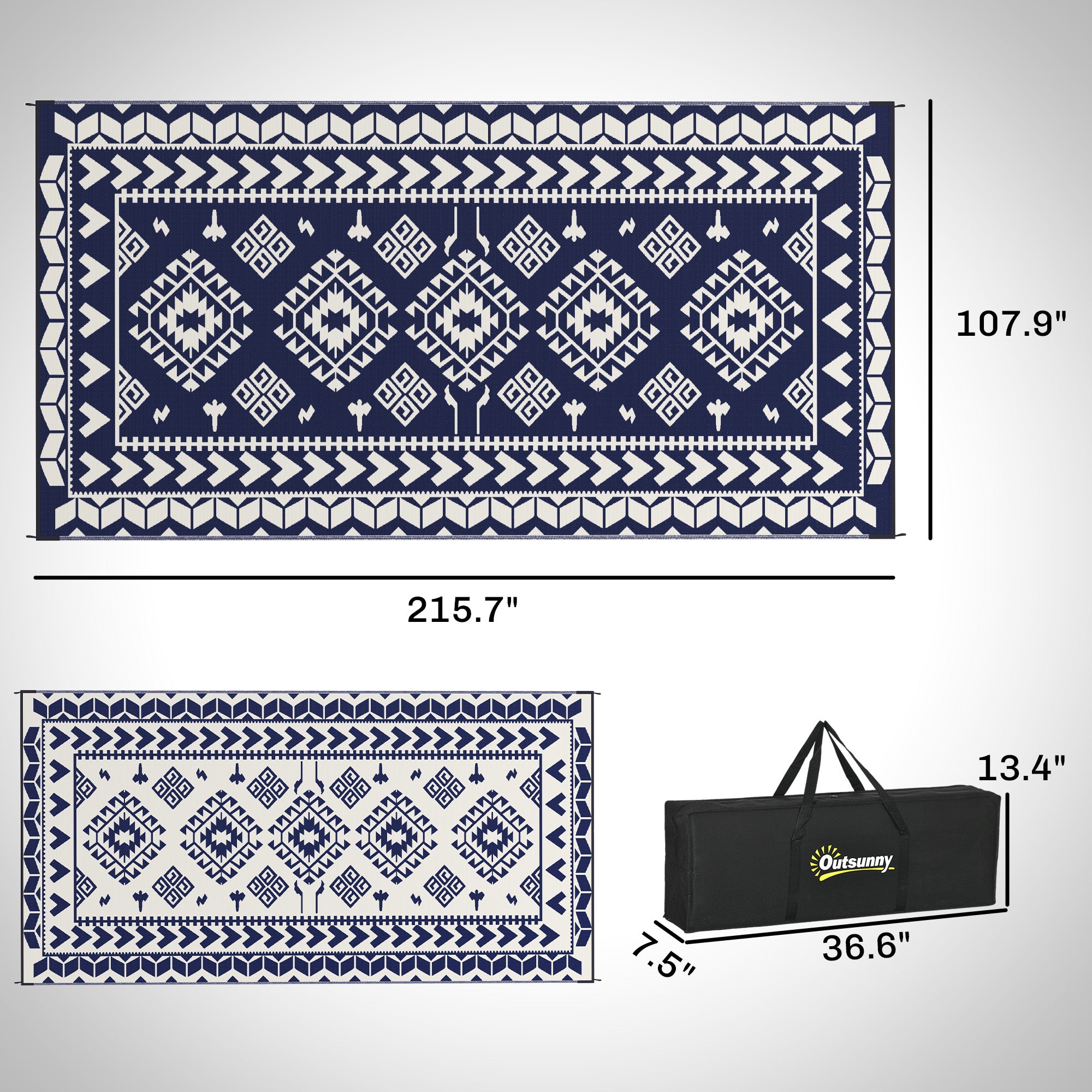 Reversible Outdoor Rug, Waterproof Plastic Straw with Carry Bag, 9' x 18', Blue & White Rhombus Patchwork