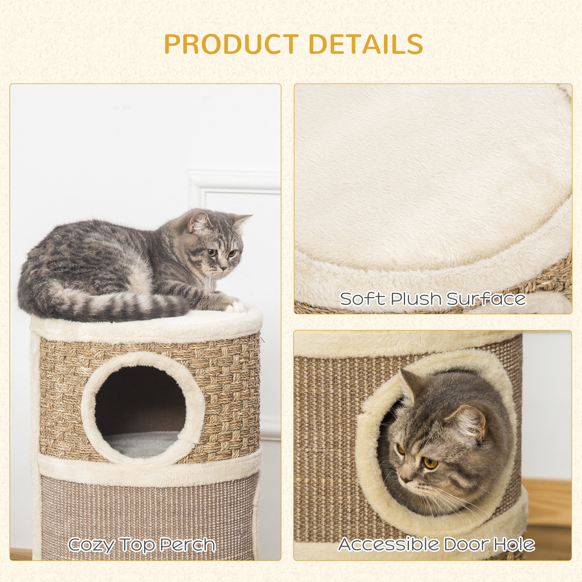 28 Inch Cat Condo, 3 Story Cat Hideaway with Sisal Scratching Pad