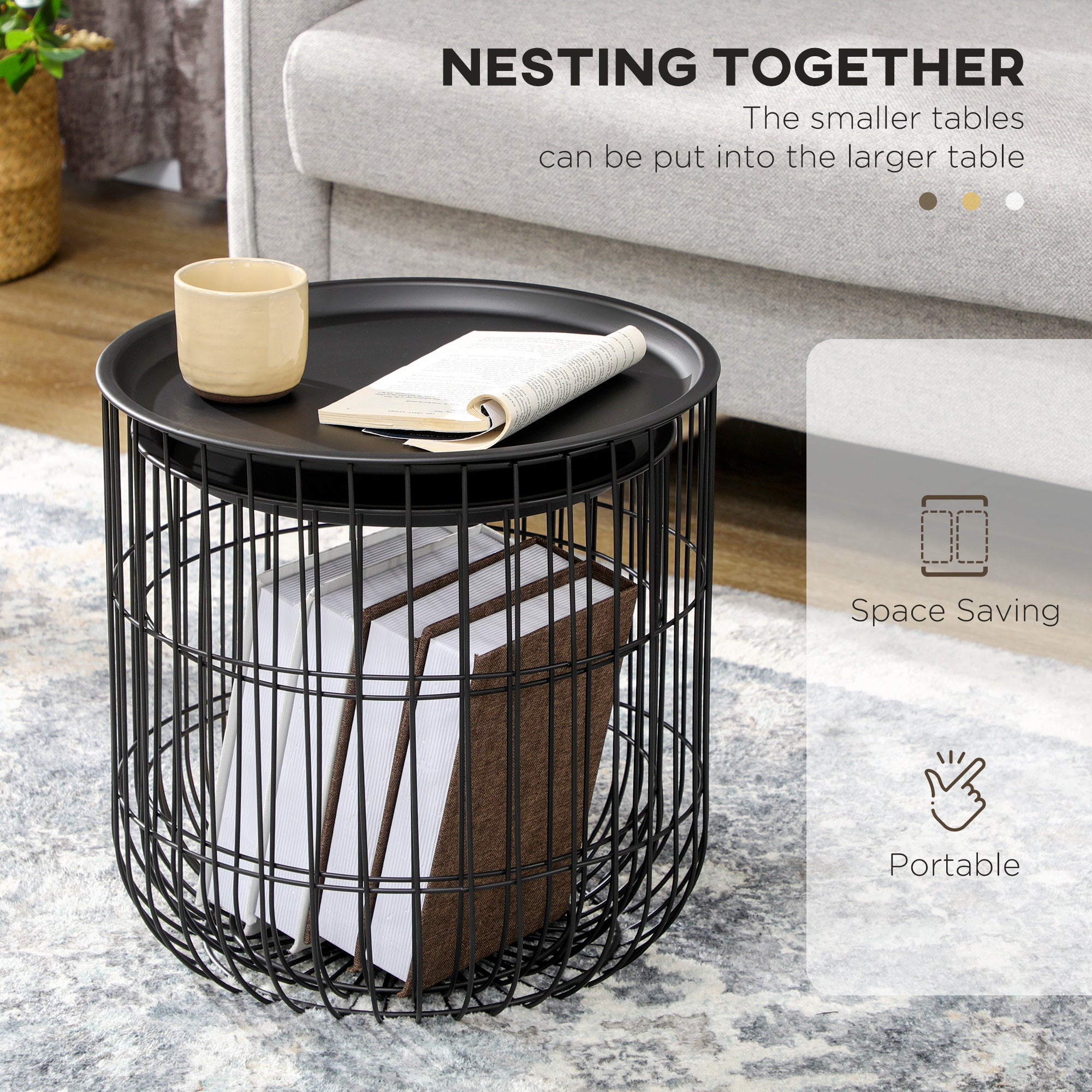 Coffee Table Set, Nest of Coffee Tables with Steel Wired Basket Body and Removable Top for Living Room, Black