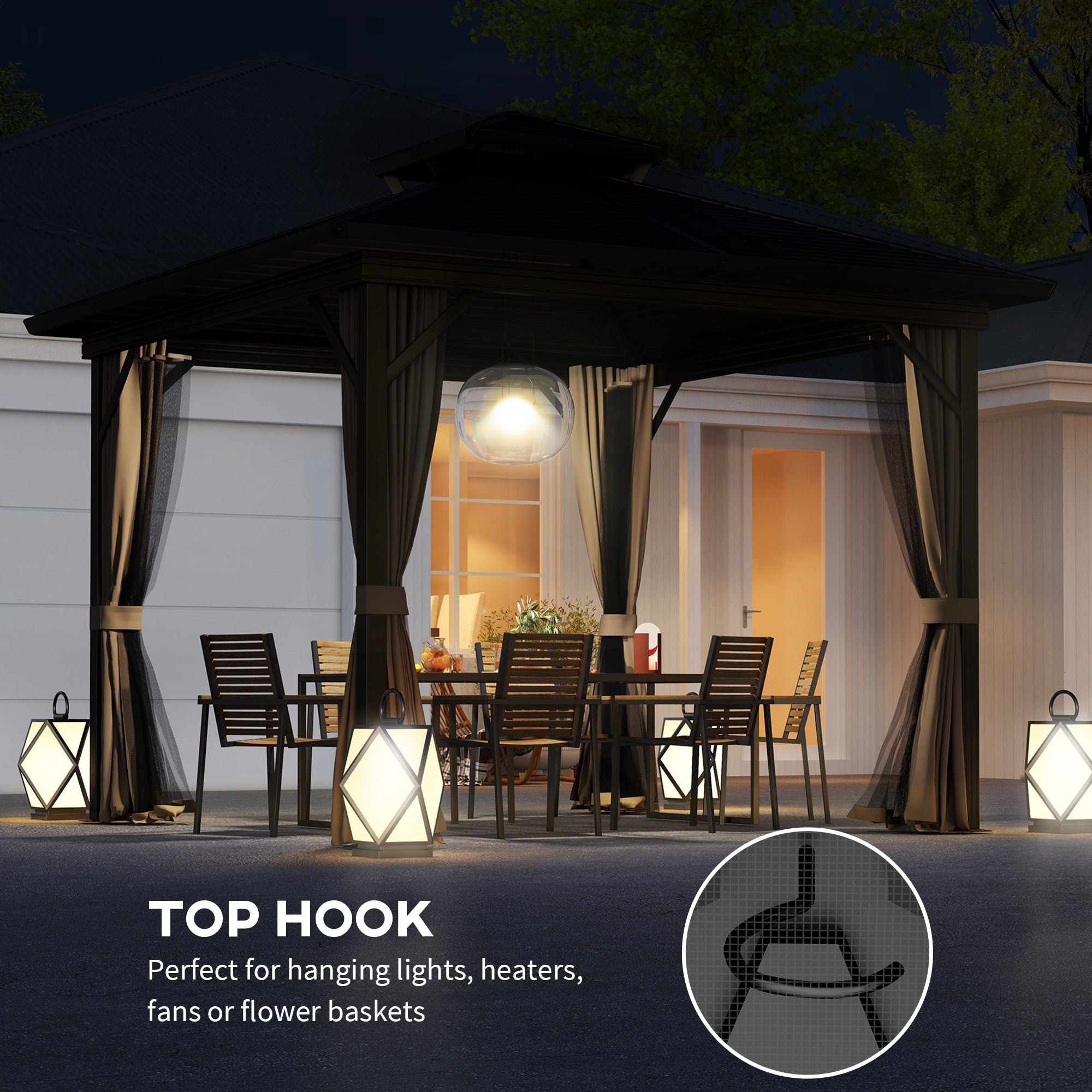10' x 10' Hardtop Gazebo with Aluminum Frame, Metal Roof Gazebo Canopy w/ Hook, Curtains included, Dark Brown