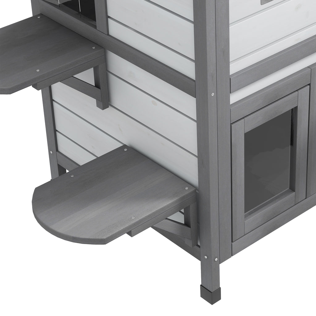 Wooden 2-Story Outdoor Cat House, Feral Cat Shelter Kitten Condo with Openable Asphalt Roof and 4 Platforms, White
