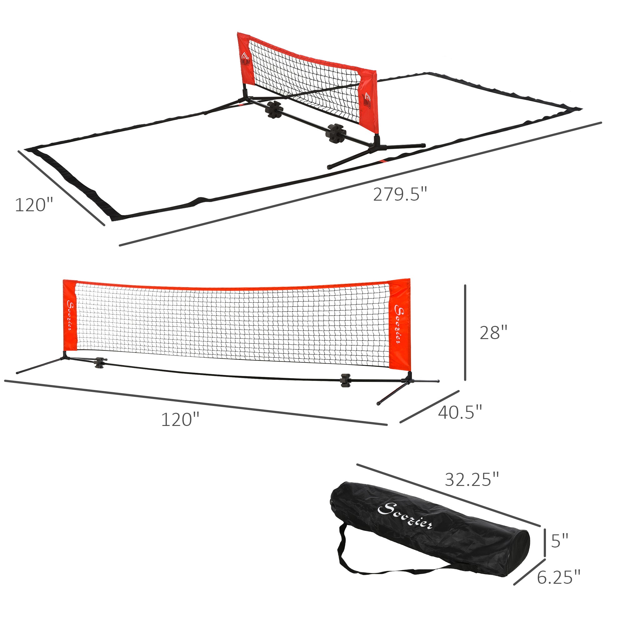 10ft Portable Soccer Tennis/Pickleball/Badminton/Mini Tennis Net w/ Sideline for Training with Included Storage Bag, Red