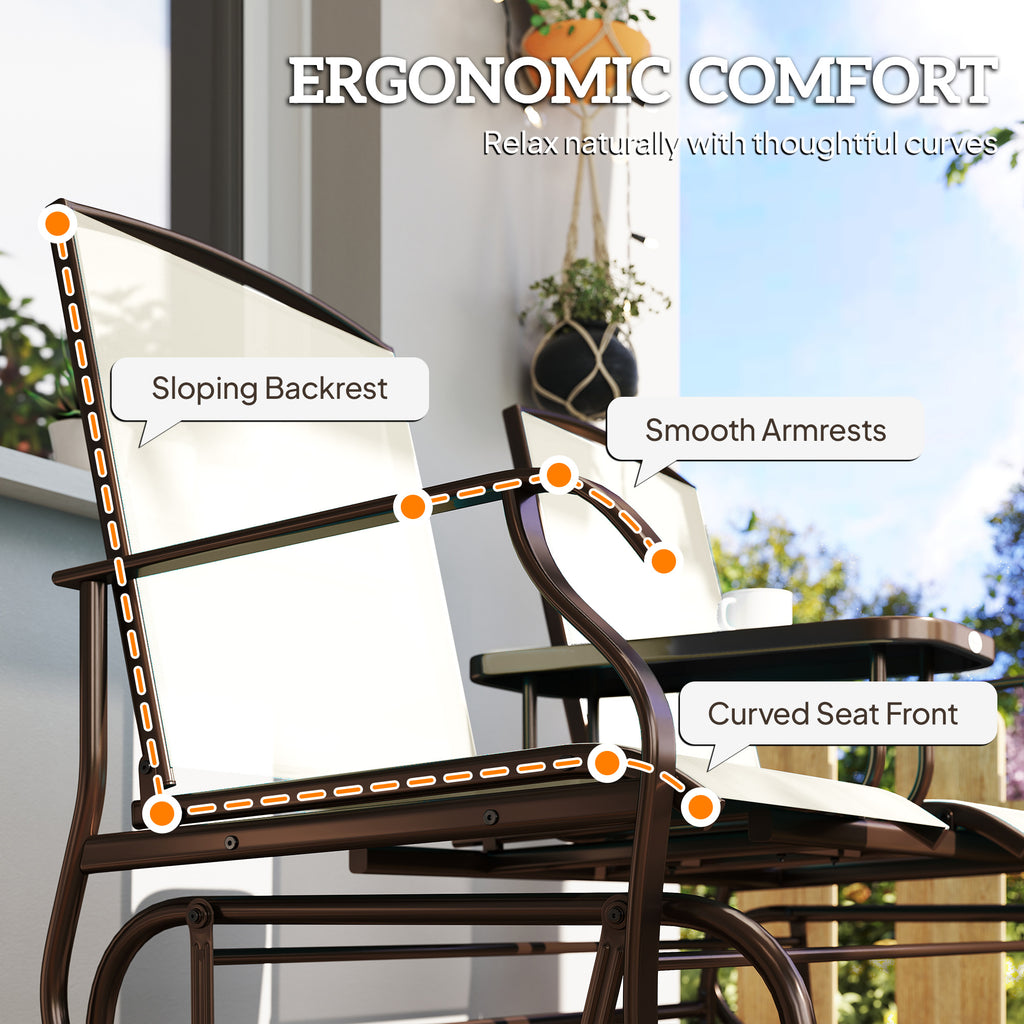 Outdoor Glider Bench with Center Table, Metal Frame Patio Loveseat with Breathable Mesh Fabric and Armrests for Backyard Garden Porch, Beige