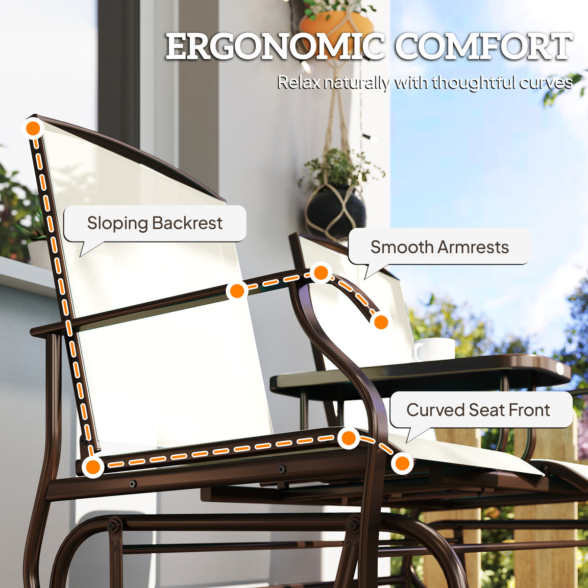 Outdoor Glider Bench with Center Table, Metal Frame Patio Loveseat with Breathable Mesh Fabric and Armrests for Backyard Garden Porch, Beige