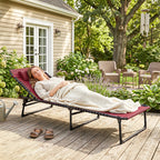 Folding Chaise Lounge Pool Chair with 4-Position Reclining Back, Pillow, Breathable Mesh & Bungee Seat, Wine Red