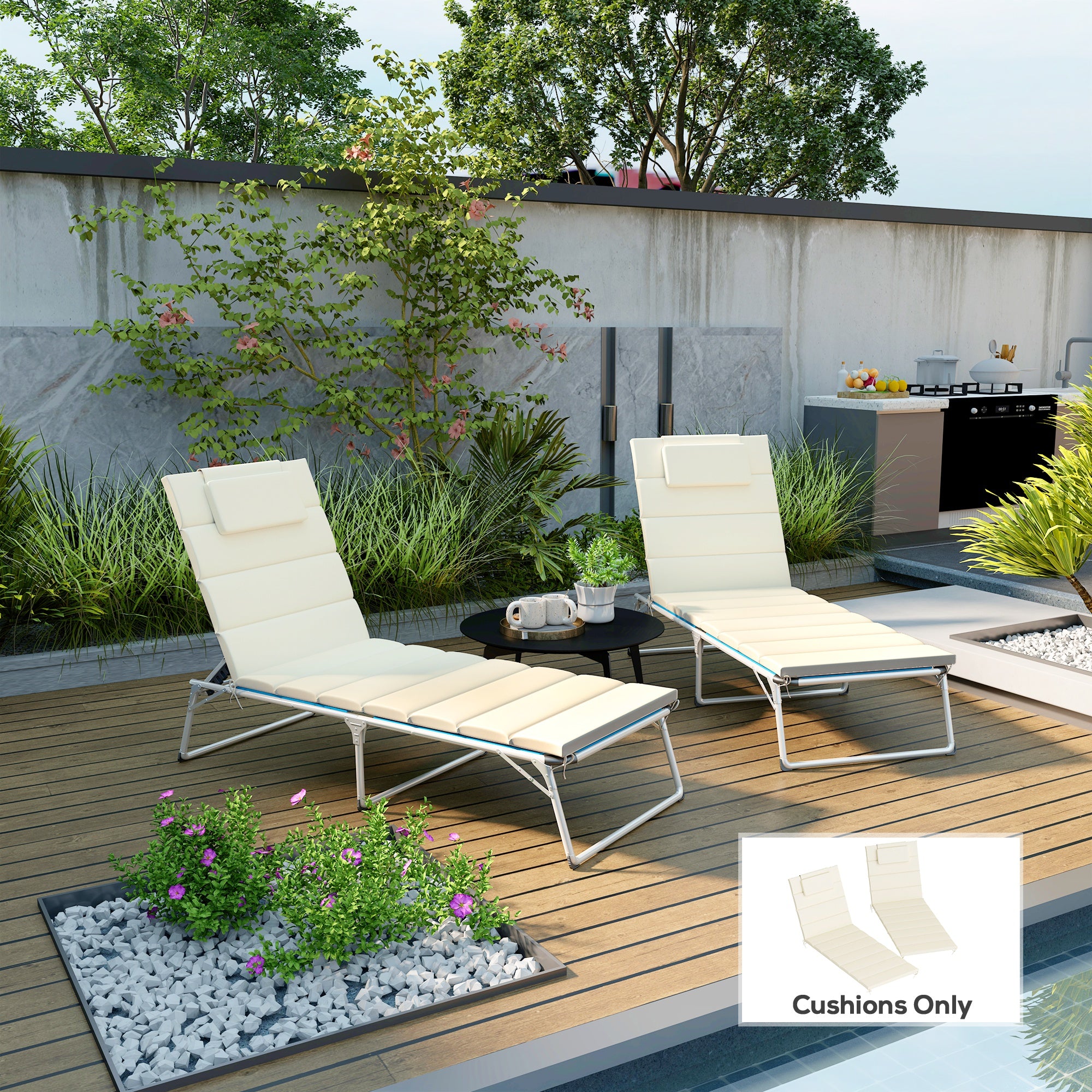 Foldable Chaise Lounge Cushion Set of 2, Outdoor Lounge Chair Cushion Set, UPF50+ 230gsm Olefin, 80" x 26" Cream White