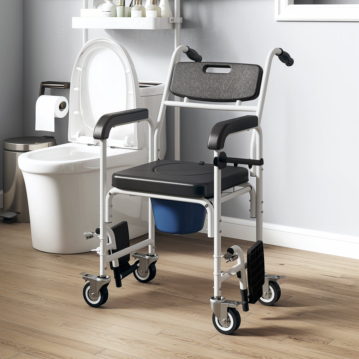 Rolling Shower Wheelchair for Seniors, Bedside Commode Chair with Locking Wheels, Seat, Backrest, Arms, Black