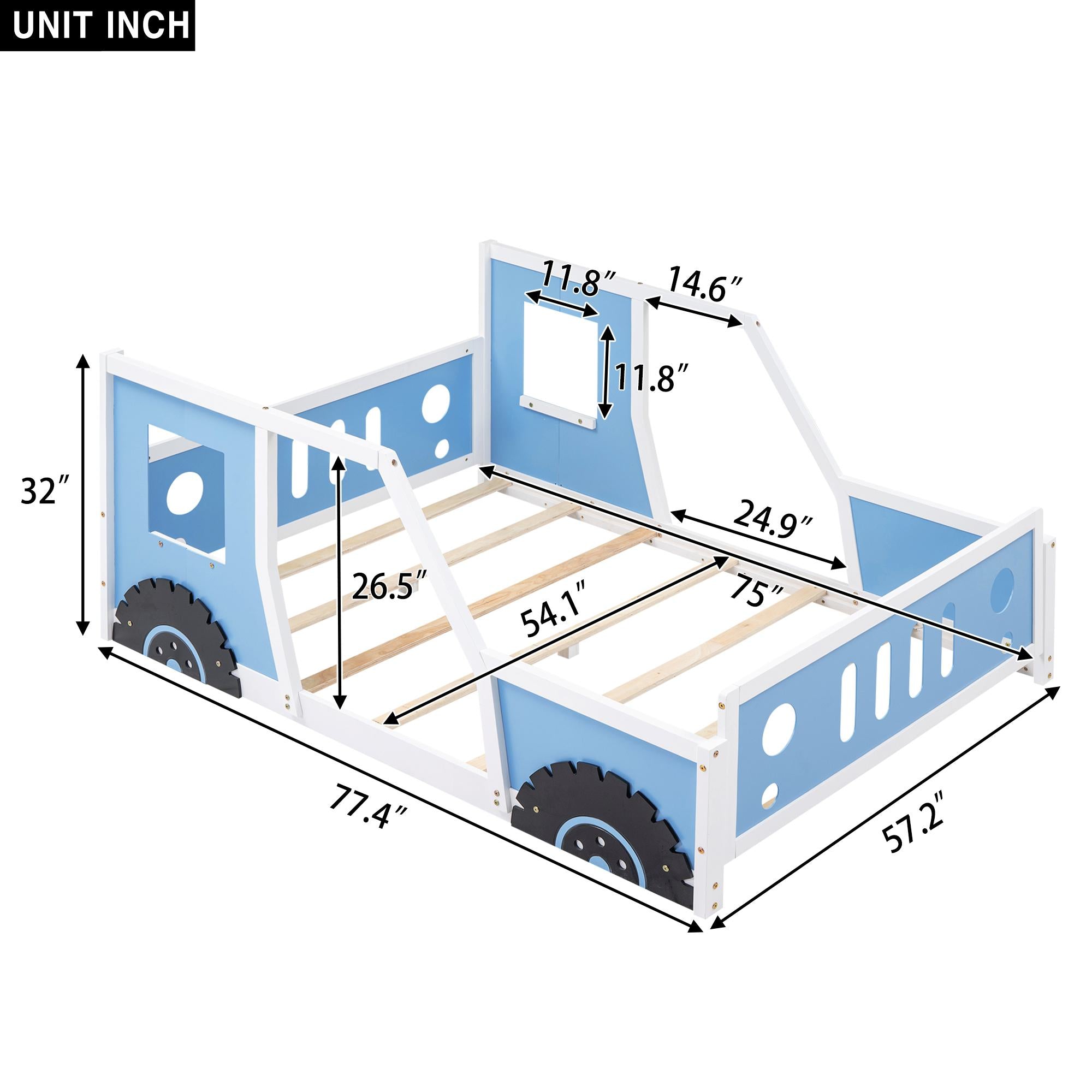 Full Size Classic Car-Shaped Platform Bed with Wheels, Pine Wood Frame, Easy Assembly, 77.5" L x 57" W x 32" H, Blue