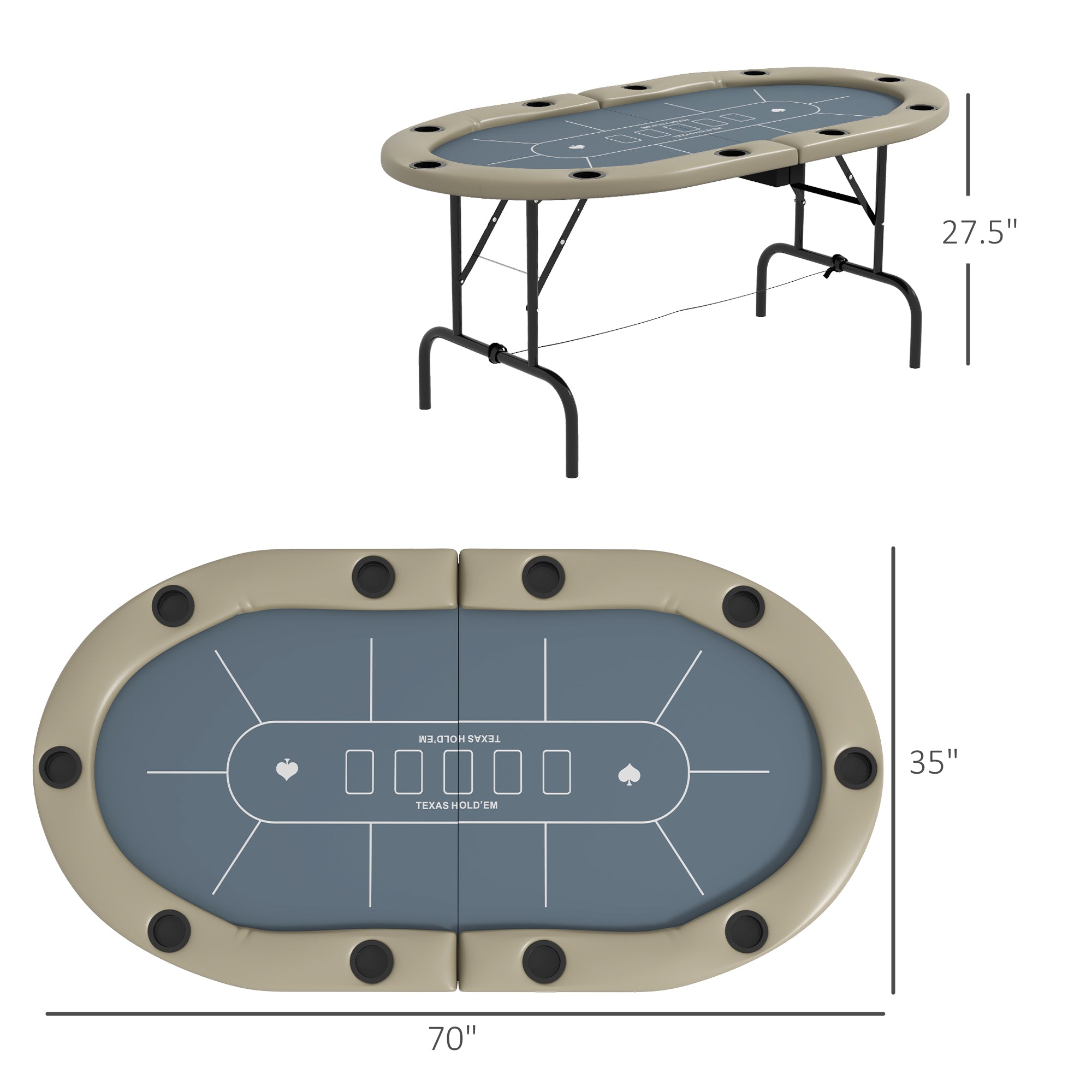 Foldable Poker Table Blackjack Texas Holdem Poker Game Table with Cup Holders, 70" Oval, Blue