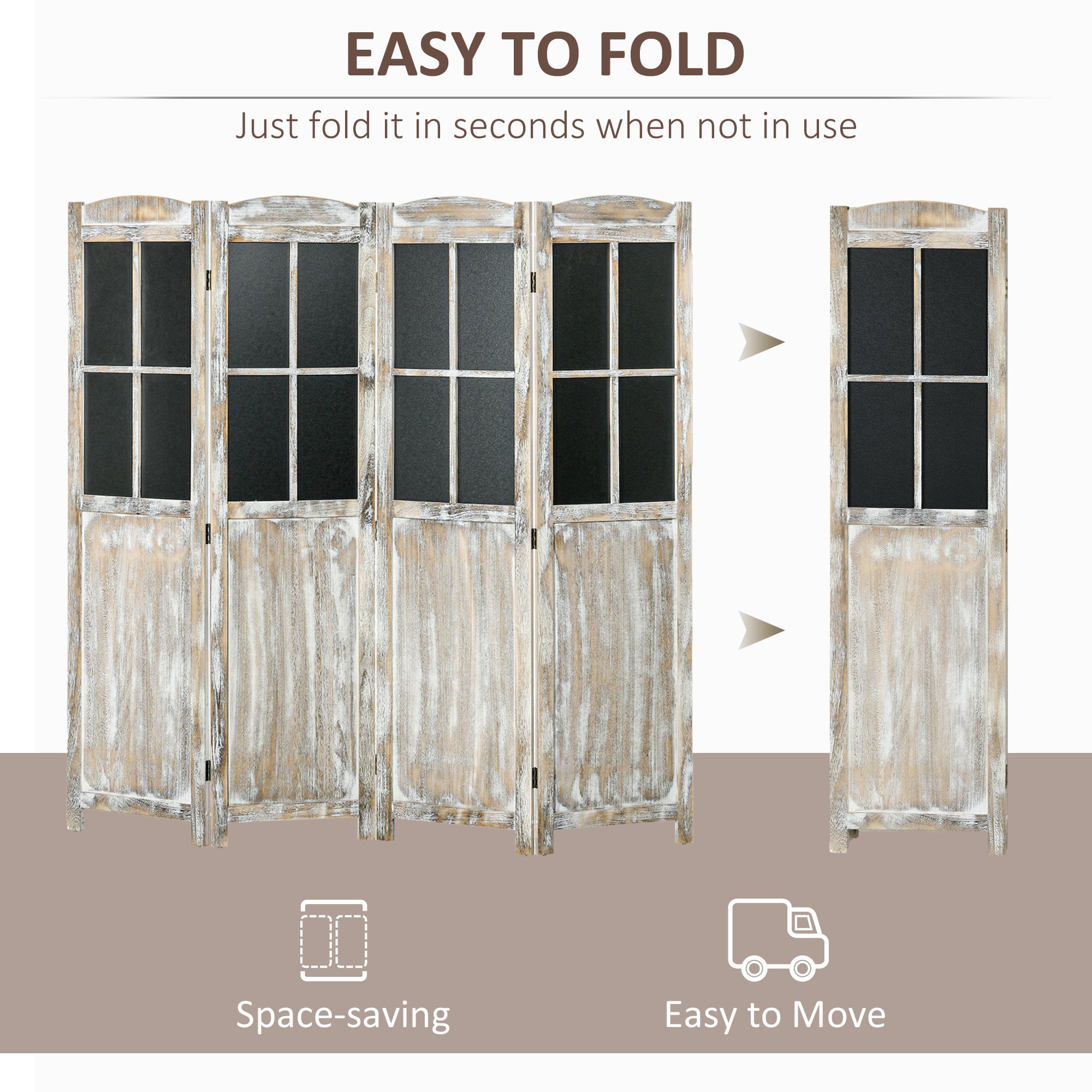 4 Panel Room Divider, 5.6' Tall Farmhouse Style Folding Indoor Portable Wood Privacy Screen with Black Boards, Hinged Freestanding Partition Wall Dividers for Home Office, Natural