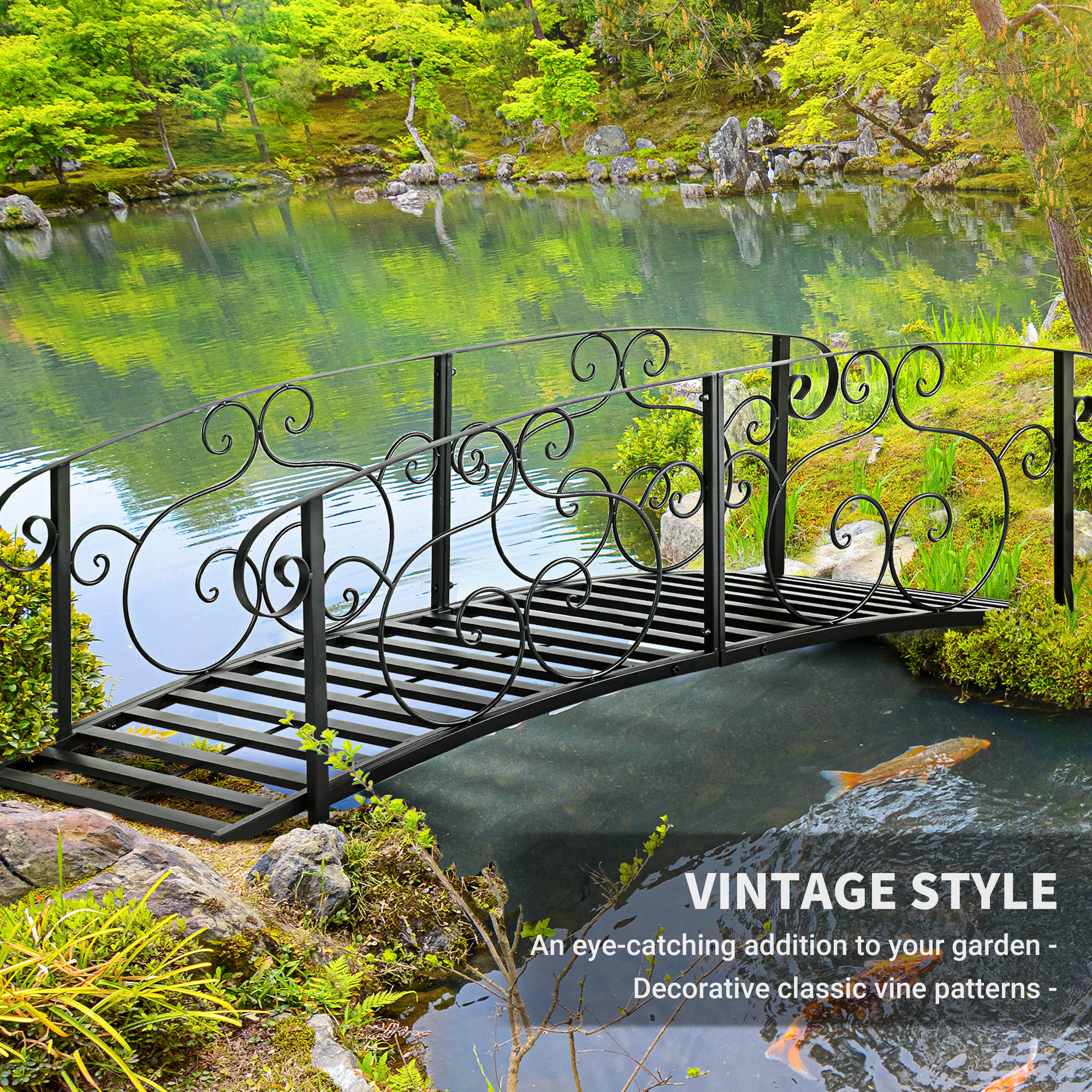 6' Metal Arch Backyard Garden Bridge, Safety Siderails, Arc Footbridge for Backyard Creek, Stream, Pond