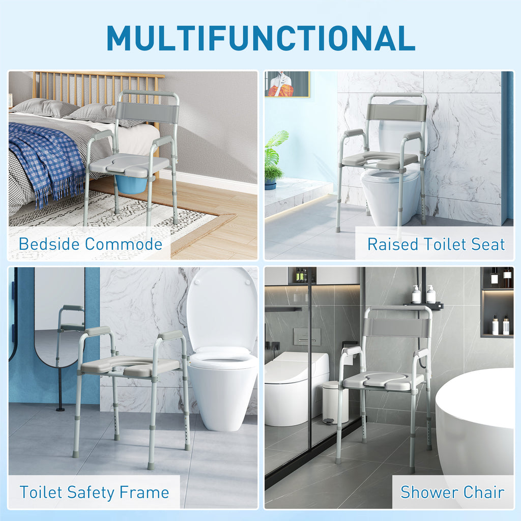 Bedside Commode Chair for Seniors, Adults, Handicap, Raised Toilet Seat with Arm, Adjustable Height, 331 lbs, Gray