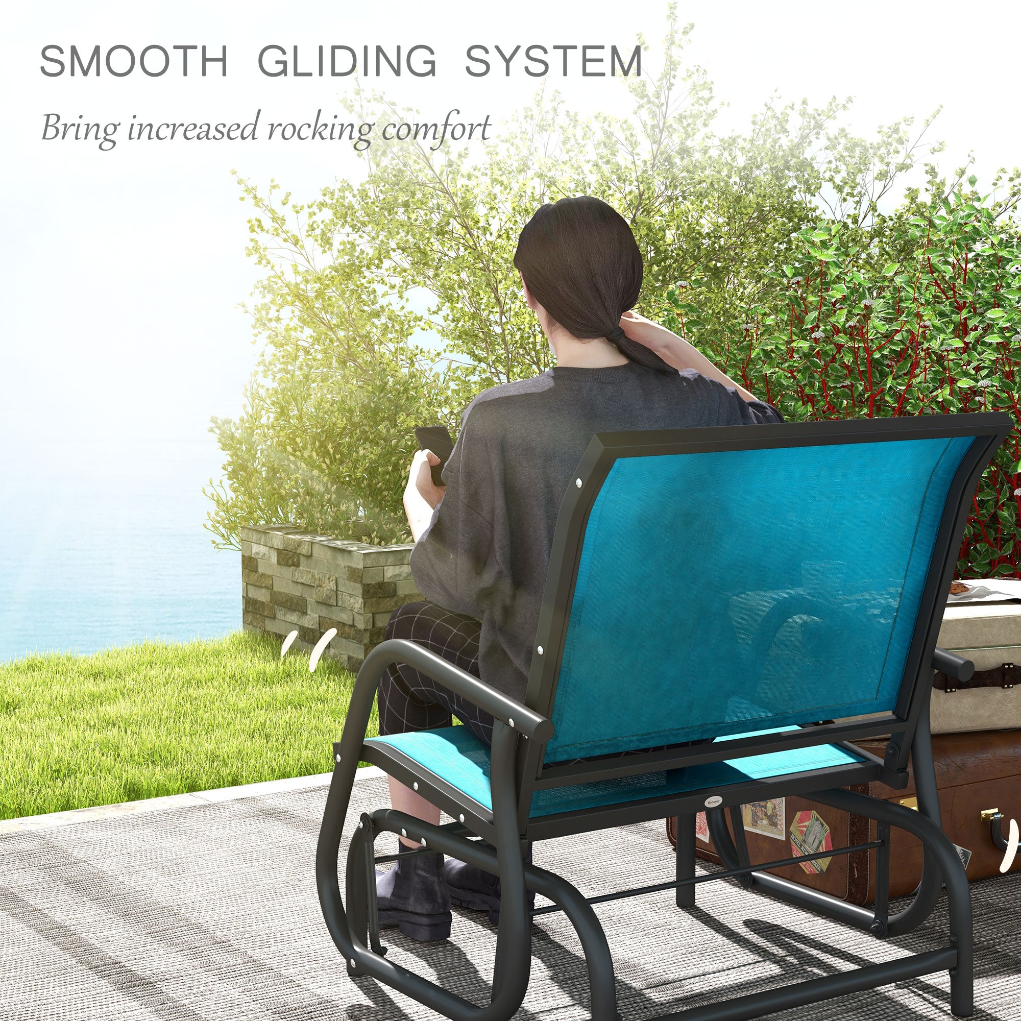 2 Pieces Outdoor Glider Chair, Steel Swing Chai with Curved Armrests for Porch, Garden, Poolside, Balcony, Blue